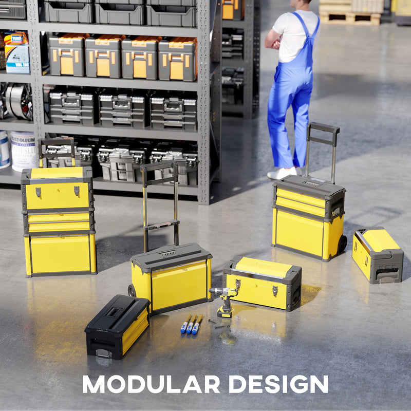 Yellow 3 in 1 Stackable Rolling Tool Box With Wheels For Garage Or Workshop Storage