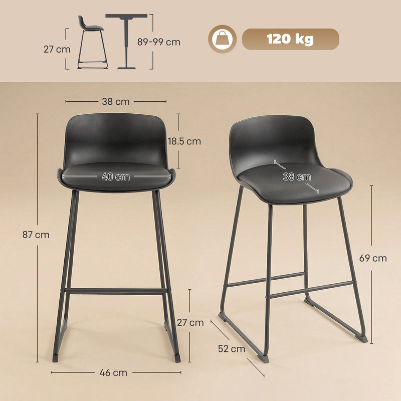 Set of 2 Bar Stools with Cushioned Seat and Easy Clean Surface for Kitchen Black AOSOM