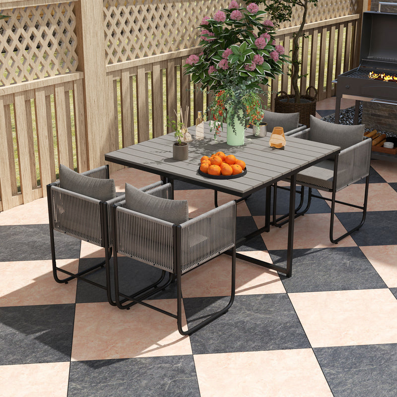 4 Seater Rattan Cube Garden Dining Set With Cushions and Wood Grain Table by Outsunny