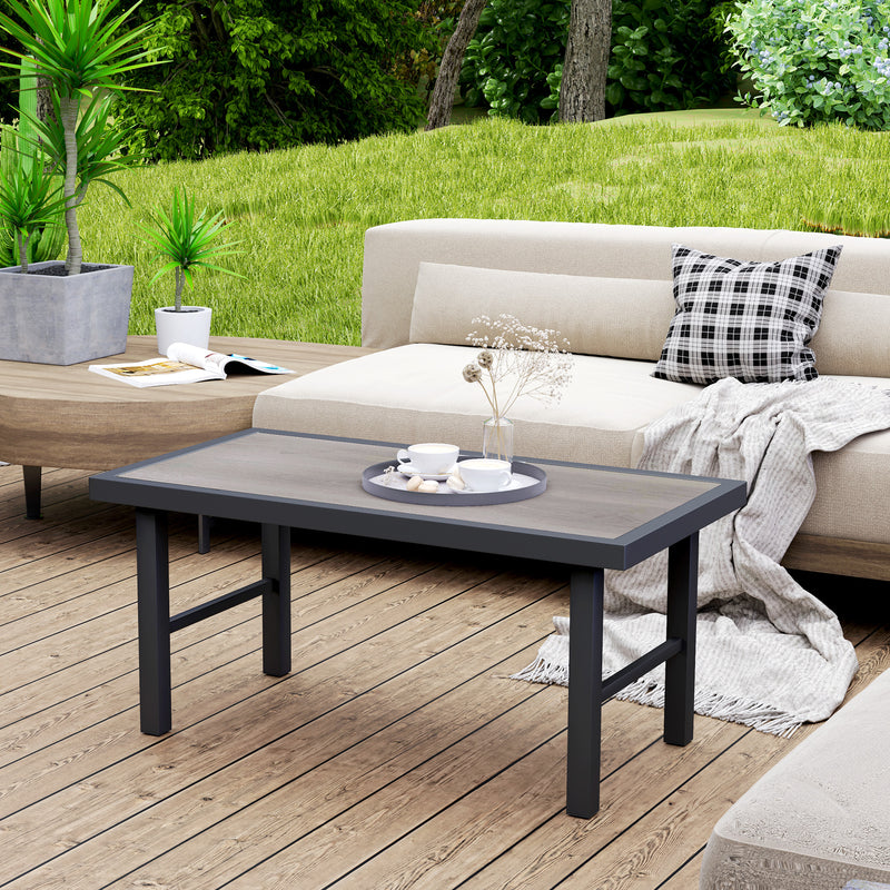 Grey Metal Rectangular Garden Coffee Table with Woodgrain SPC Tabletop for Outdoor Use by Outsunny