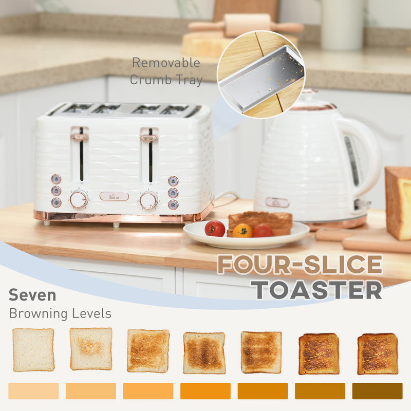 4 Slice Toaster and 1.7L Rapid Boil Kettle Set with Defrost and Reheat Functions Cream White