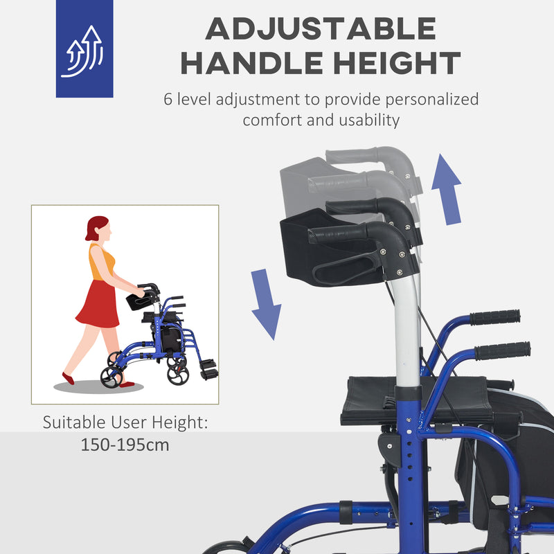 2 in 1 Wheelchair Transport Chair and Folding Rollator Walker with Seat and Bag by HOMCOM AOSOM
