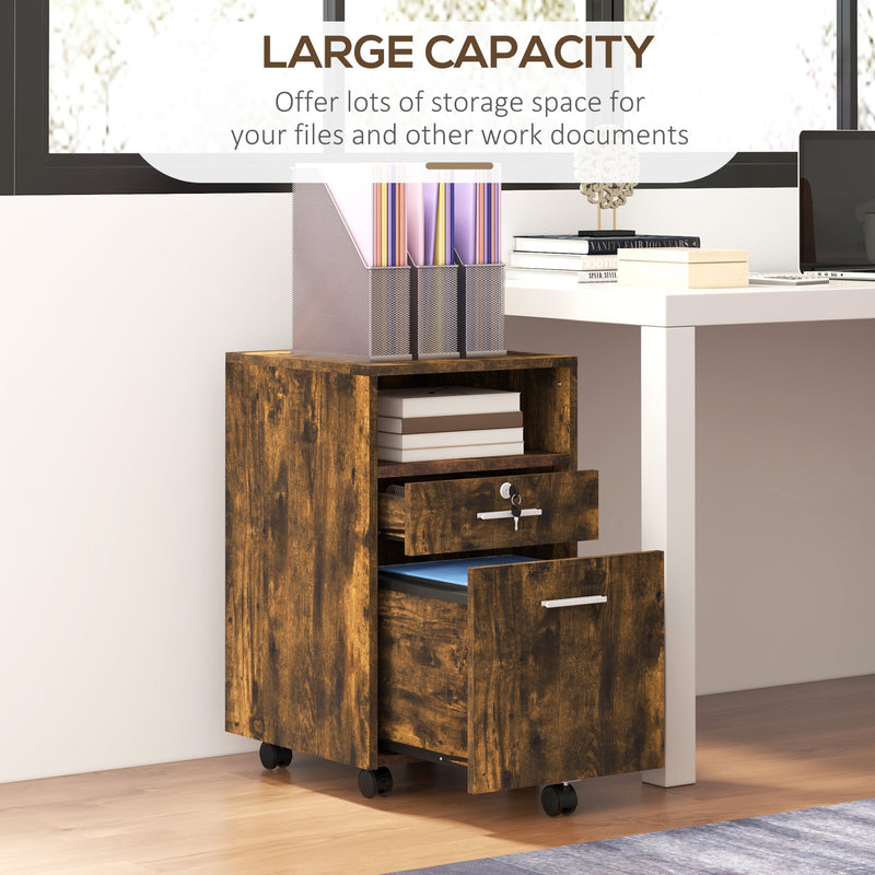 Lockable Two Drawer Filing Cabinet with Wheels for Home Office Organisation, Wood Effect