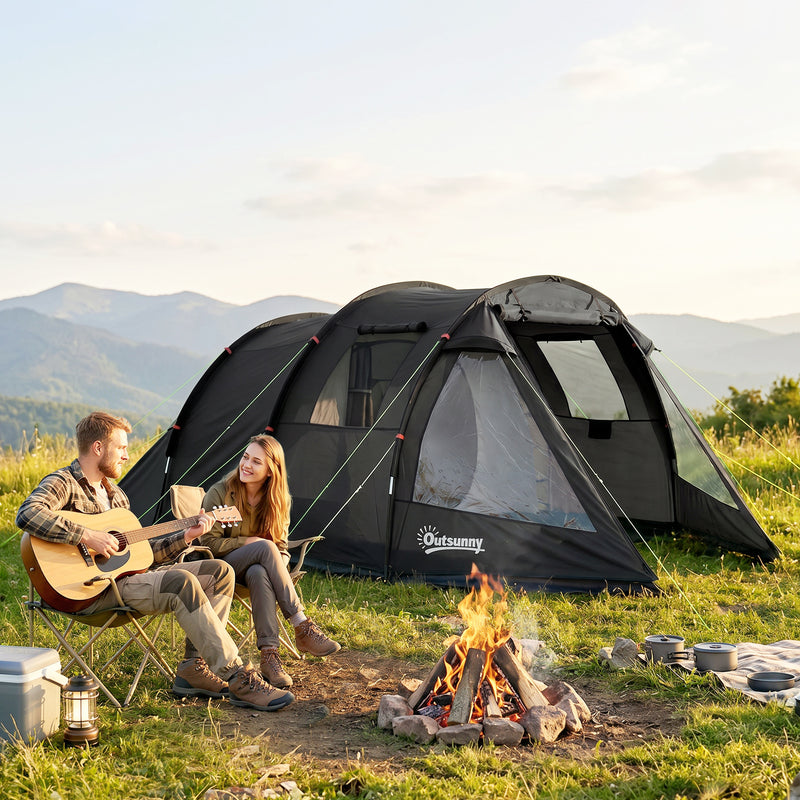 Outsunny 3-4 Man Tunnel Tent, Two Room Camping Tent with Windows, Portable Carry Bag, for Fishing, Hiking, Sports, Festival - Black