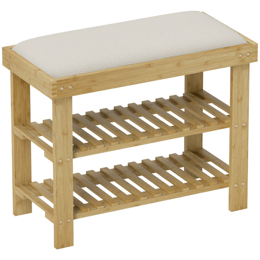 Cream White Bamboo Shoe Bench With Cushion And 3 Tier Rack For Hallway Or Bedroom