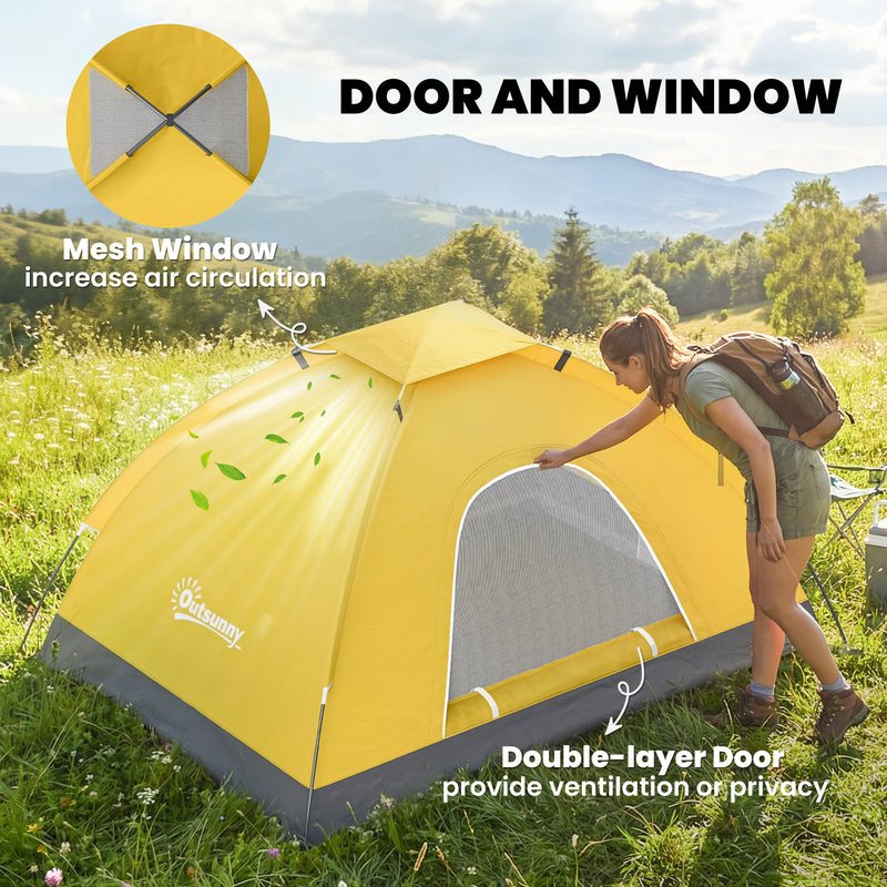 2 Person Camping Tent with Mesh Windows for Easy Setup and Extra Space Yellow