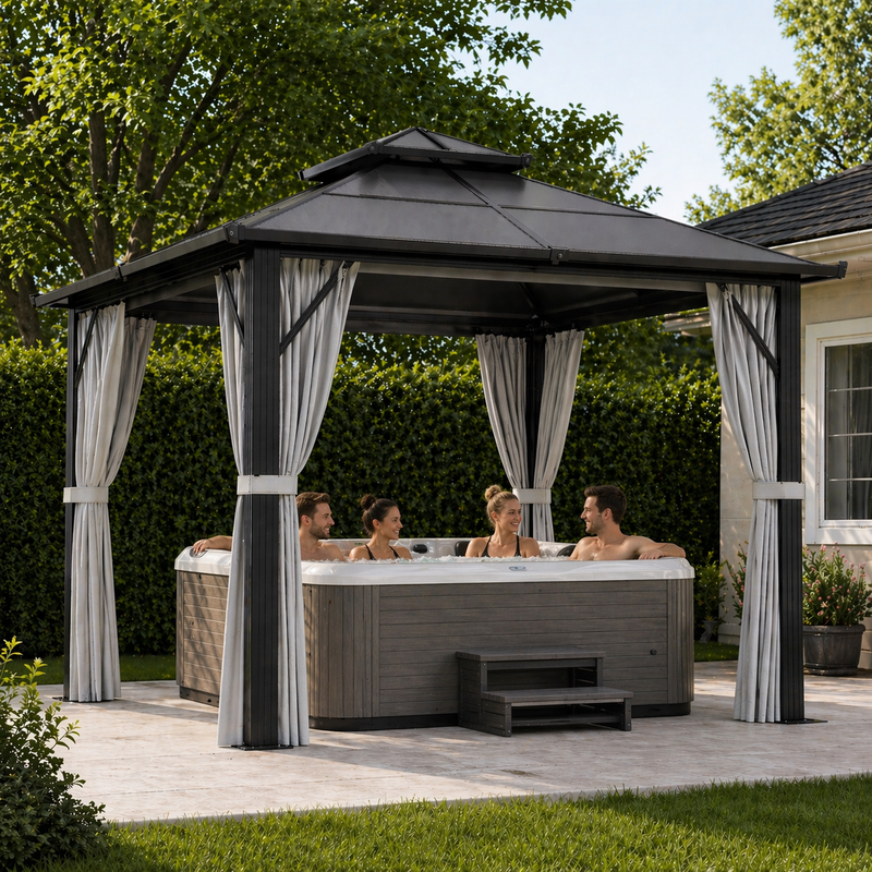 Grey 3m x 3m Hardtop Gazebo with UPF30+ Polycarbonate Roof and Curtains by Outsunny