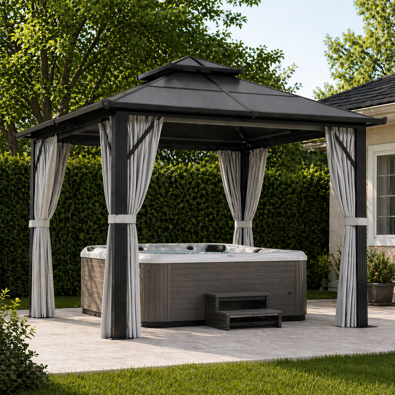 Grey 3m x 3m Hardtop Gazebo with UPF30+ Polycarbonate Roof and Curtains by Outsunny