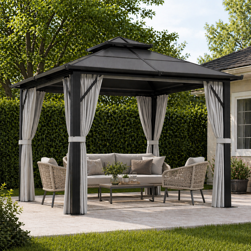 Grey 3m x 3m Hardtop Gazebo with UPF30+ Polycarbonate Roof and Curtains by Outsunny