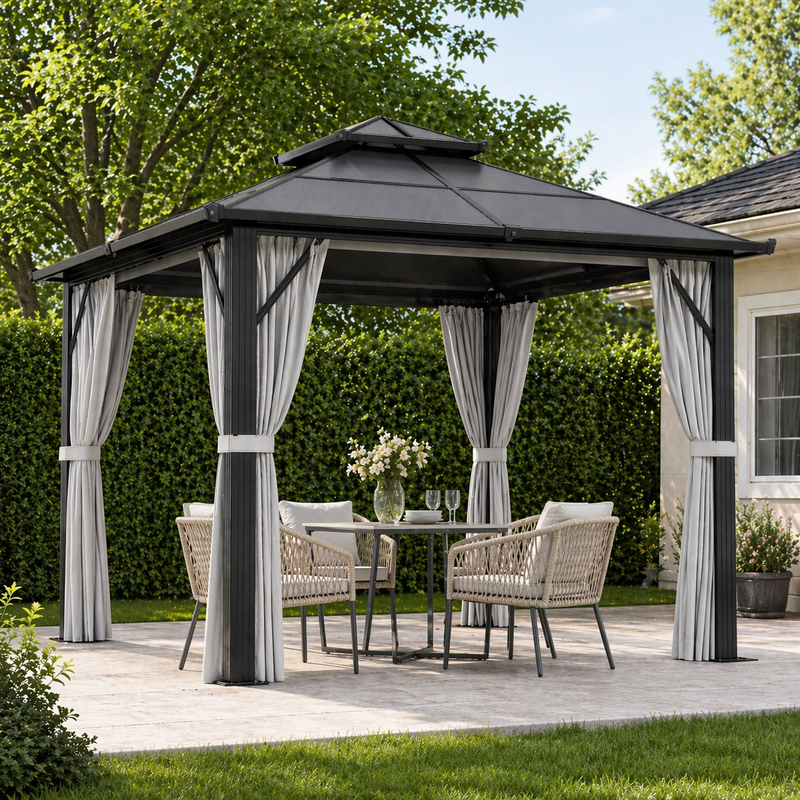 Grey 3m x 3m Hardtop Gazebo with UPF30+ Polycarbonate Roof and Curtains by Outsunny