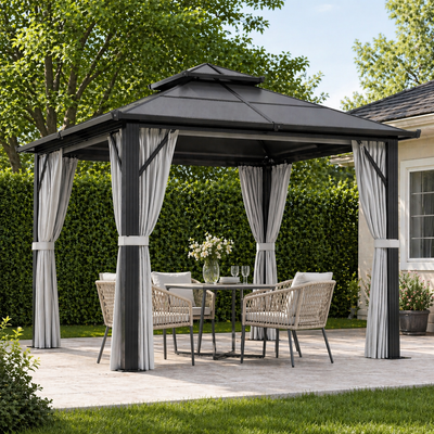 Grey 3m x 3m Hardtop Gazebo with UPF30+ Polycarbonate Roof and Curtains by Outsunny Outsunny