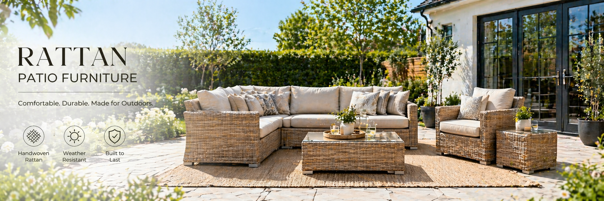 Rattan patio furniture set on a patio with a house and garden in the background.