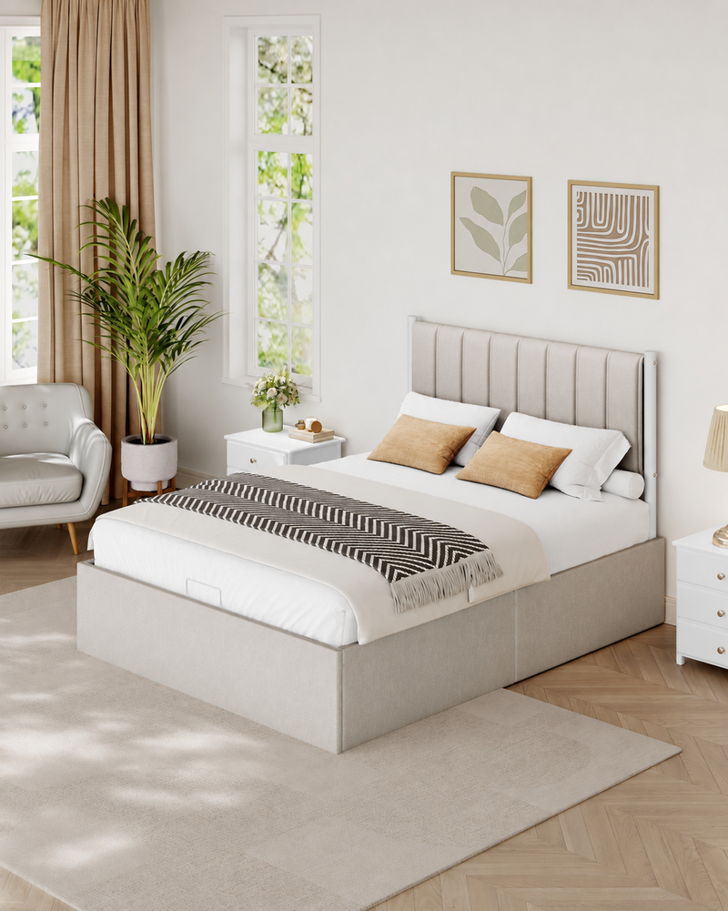 Double Ottoman Bed Frame with Lift-Up Storage and Upholstered Headboard 135x190cm Beige