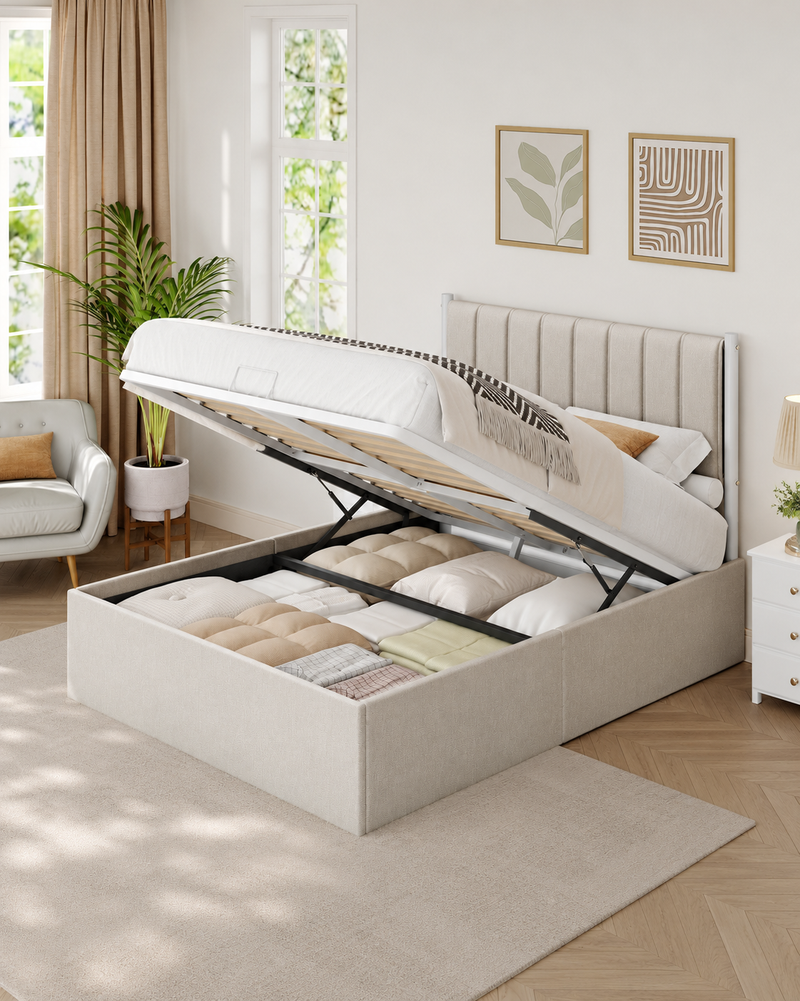 Double Ottoman Bed Frame with Lift-Up Storage and Upholstered Headboard 135x190cm Beige