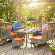 4 Seater Rattan Garden Sofa Dining Set with Cushions and Table for Family Gatherings, Mixed Grey/Orange Outsunny