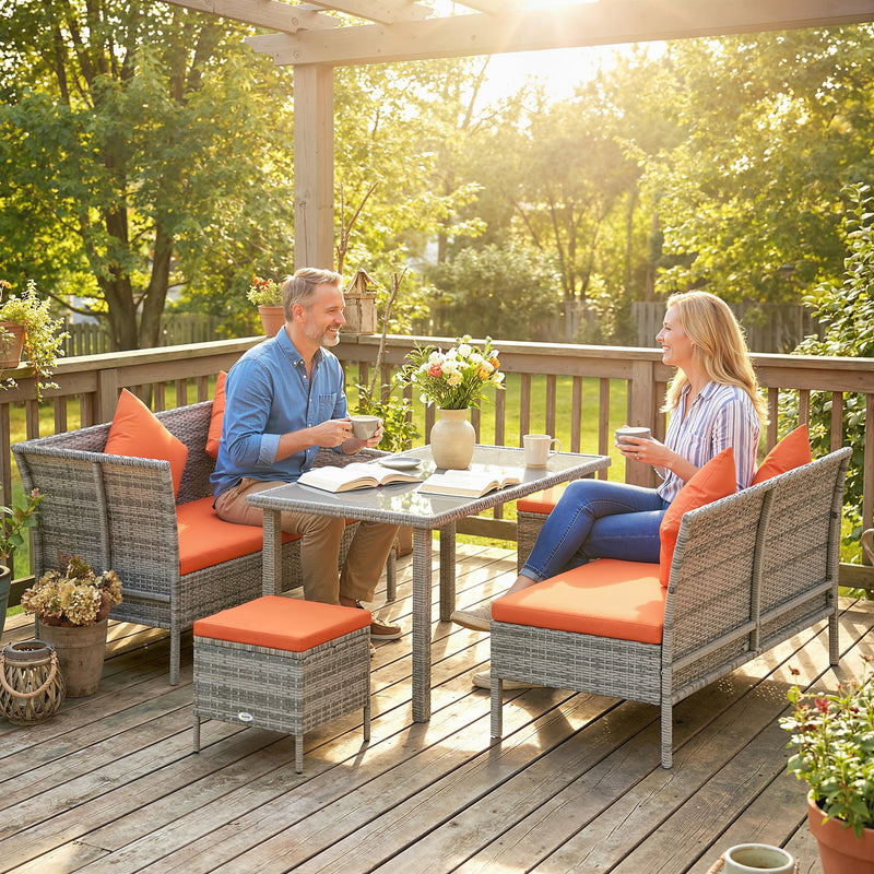 4 Seater Rattan Garden Sofa Dining Set with Cushions and Table for Family Gatherings, Mixed Grey/Orange Outsunny