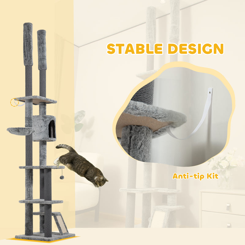 Floor to Ceiling Cat Tree with Ramp Scratching Posts and House for Large Cats 225-255cm by PawHut