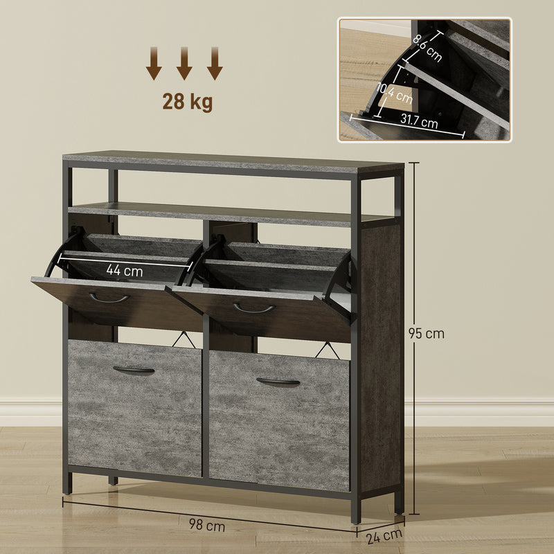 Shoe Storage Cabinet with 4 Flip Drawers and Open Shelf for Hallway Organisation, Cement Grey
