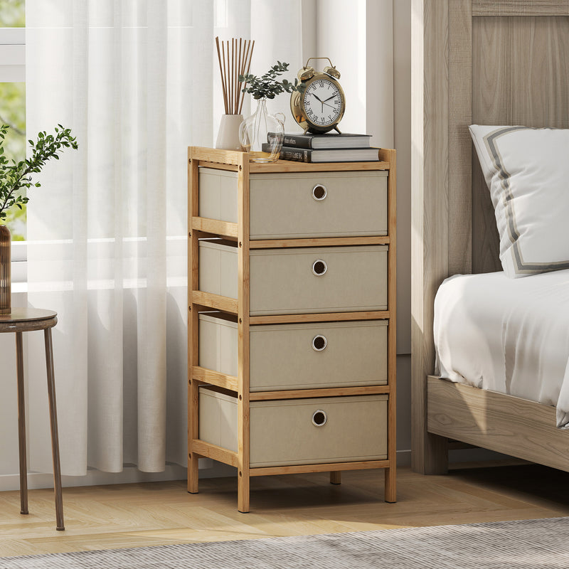 Slim Chest of Drawers for Organised Bedroom Storage with Bamboo Frame and Four Fabric Drawers Cream White AOSOM