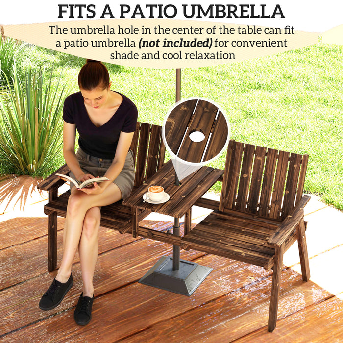 2 Seater Wooden Garden Bench with Table Parasol Hole and Antique Finish by Outsunny