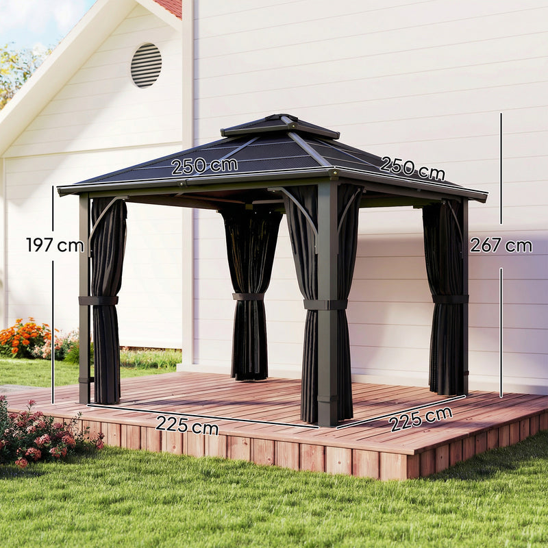 2.5 x 2.5m Garden Gazebo with Polycarbonate Roof and Curtains for Year Round Shelter Dark Grey