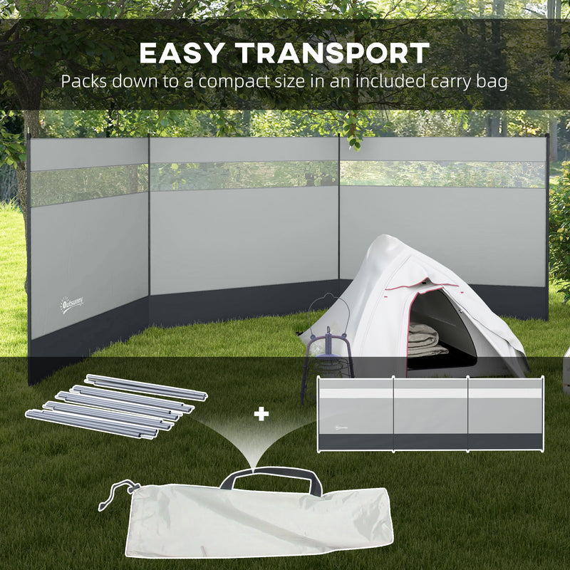 Camping Windbreak with Clear Windows and Steel Poles for Beach or Caravan Grey AOSOM