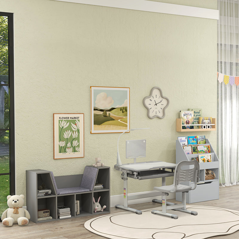 Kids Bookshelf and Toy Organiser with Storage Drawer and Wheels for Playroom, Grey