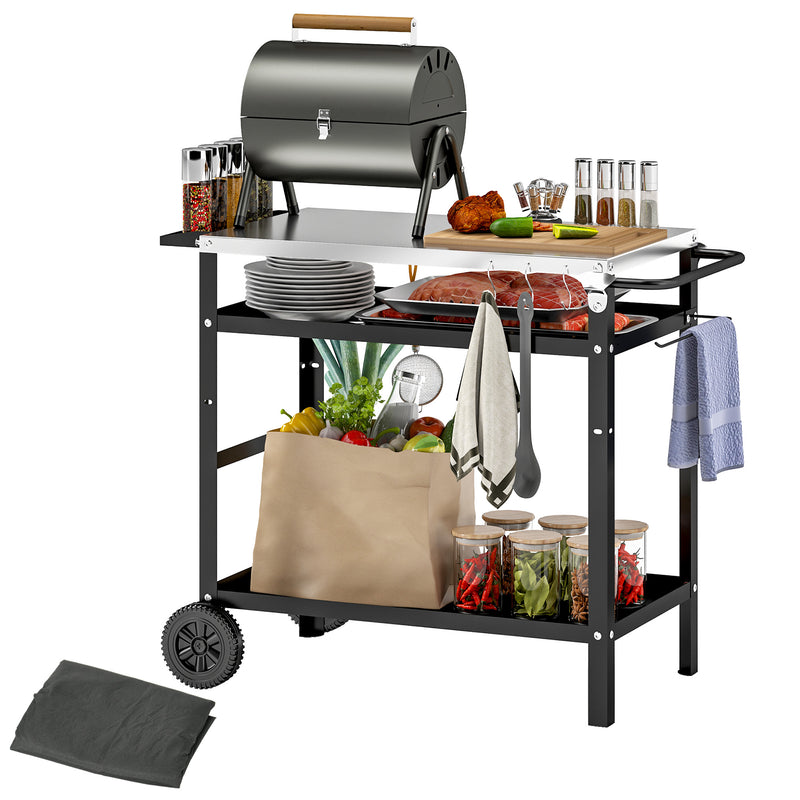 Black BBQ Trolley with Stainless Steel Top Adjustable Shelf and Storage by Outsunny