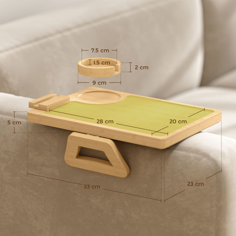 Sofa Arm Tray with Rotating Device Holder and Removable Cup Holder Bamboo Natural Wood