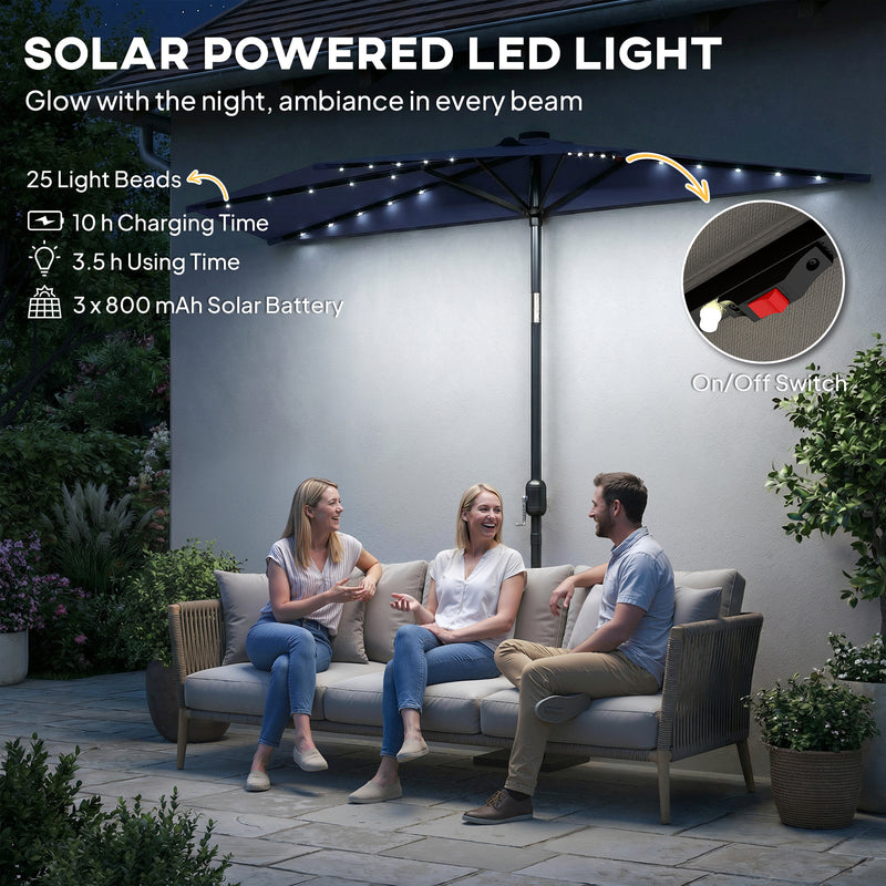 Half Parasol for Balcony or Small Patio with Solar LED Lights and Tilt, Dark Blue