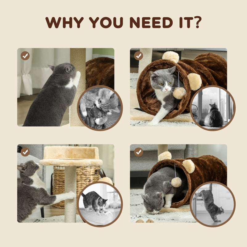 Small Cat Tree with Scratching Post Bed Tunnel and Toy Ball Dark Brown by PawHut