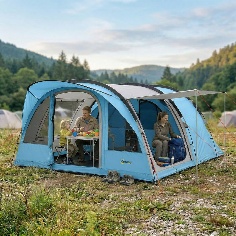 Family Waterproof Camping Tent with Removable Divider and Spacious Living Area Sky Blue Grey