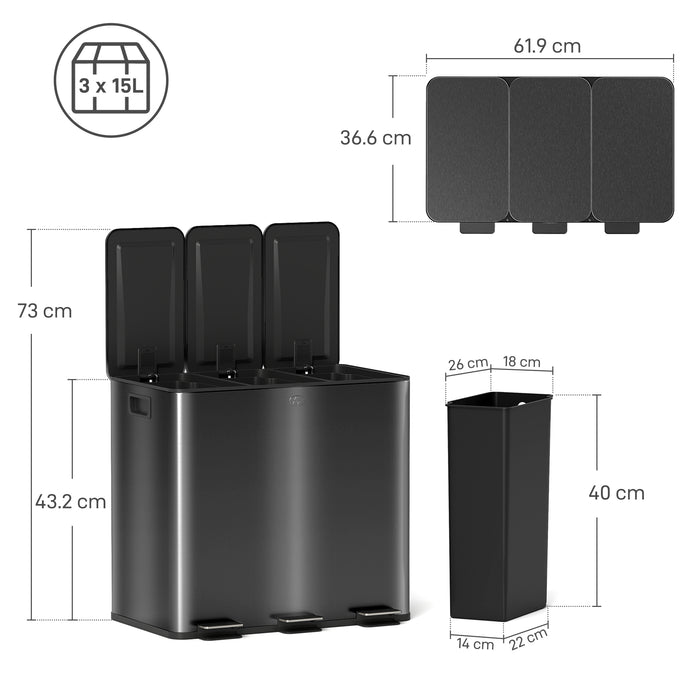 Black 45L Triple Kitchen Pedal Bin with Soft Close Lid and Removable Inner Buckets by HOMCOM