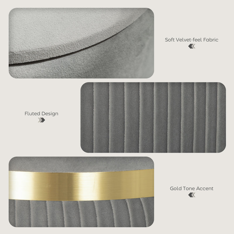 Velvet Feel Storage Ottoman With Hidden Compartment Ideal For Living Room, Light Grey