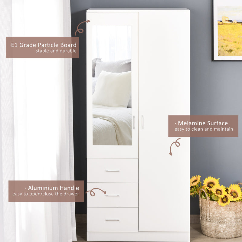 White 2 Door Mirror Wardrobe With Hanging Rail Adjustable Shelf And 3 Drawers 180cm