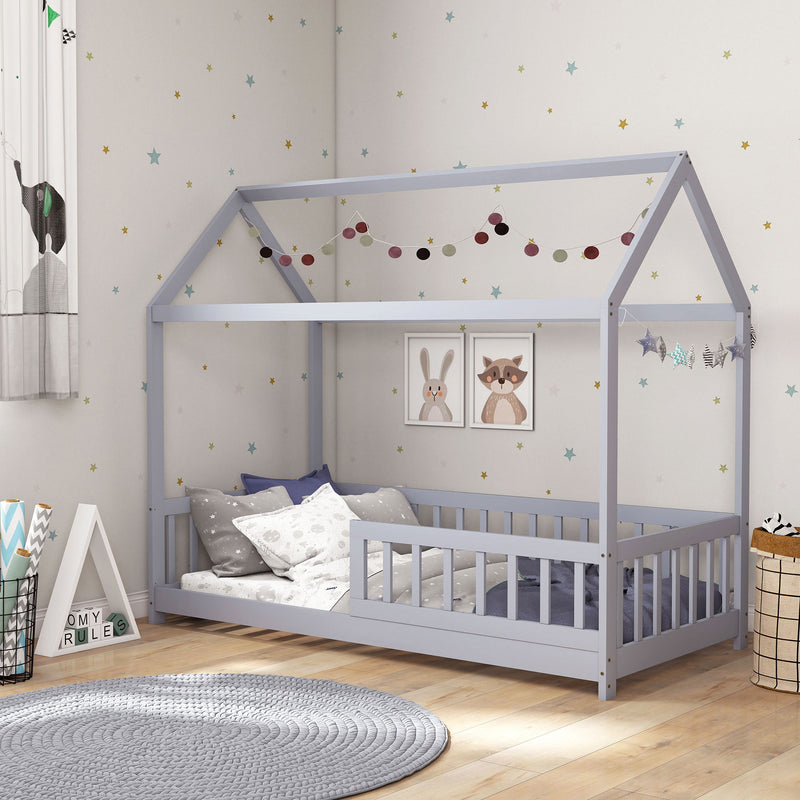 Toddler Bed with House Frame and Guard Rails for Safe and Cosy Sleep Grey