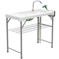 Folding Outdoor Fish Cleaning Table with Dual Sinks and Storage for Camping White