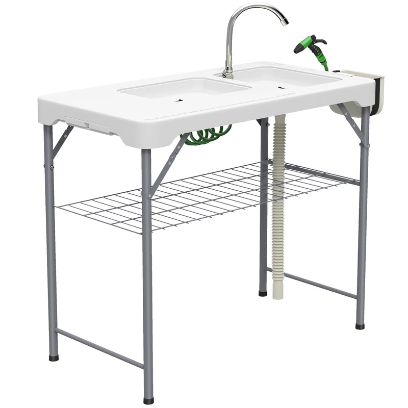 Folding Outdoor Fish Cleaning Table with Dual Sinks and Storage for Camping White