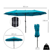 Sky Blue 4.6m Double Garden Parasol With Crank Handle For Large Outdoor Shade