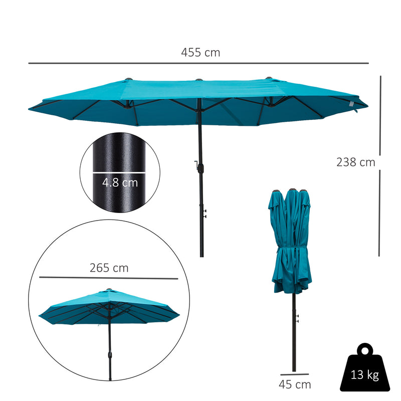 Sky Blue 4.6m Double Garden Parasol With Crank Handle For Large Outdoor Shade