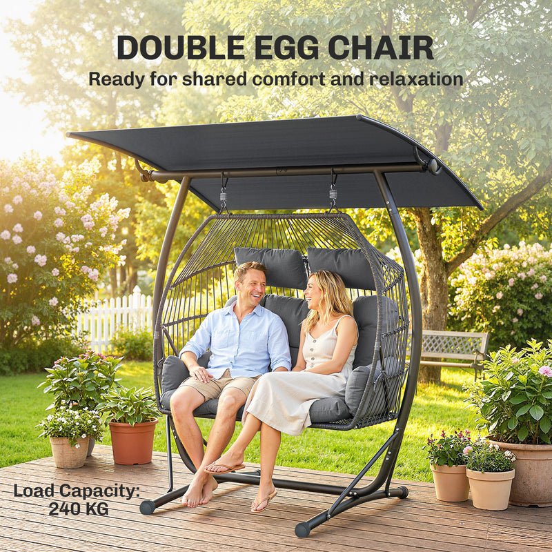 Double Hanging Egg Chair with Canopy & Cushions for Outdoor Relaxation - Patio or Garden Use - Grey
