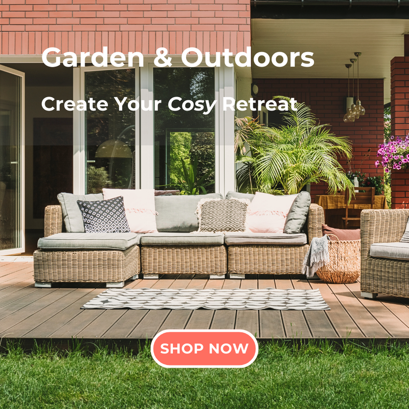 Image of a cosy garden scene with modern rattan patio furniture.