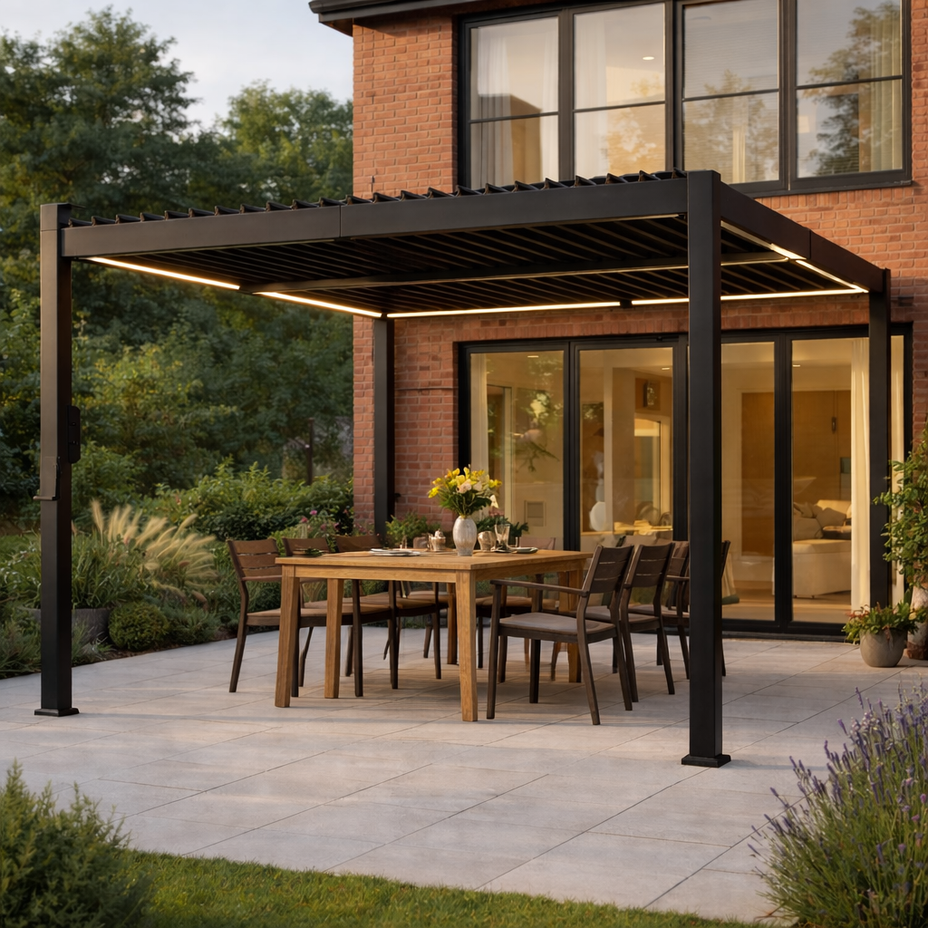 Contemporary aluminium pergola with retractable roof and led lights set on a patio with a patio dining set beneath.