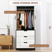 Modern 2 Door Bedroom Wardrobe with Hanging Rail and 3 Storage Drawers, High Gloss White