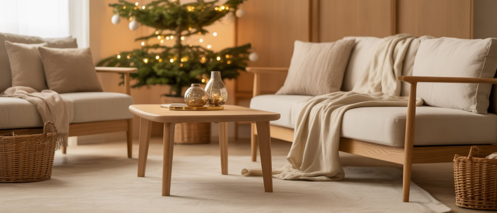 Cozy living room with beige sofas, a wooden coffee table, and a decorated Christmas tree.