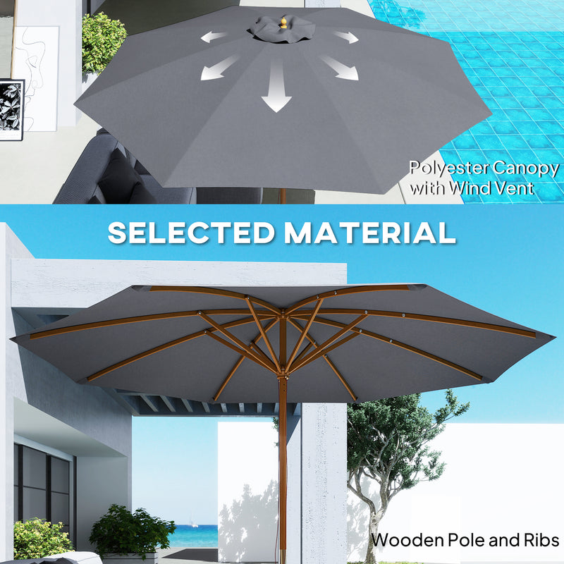 Dark Grey 3m Wooden Garden Parasol Adjustable Sun Shade for Patio or Decking by Outsunny