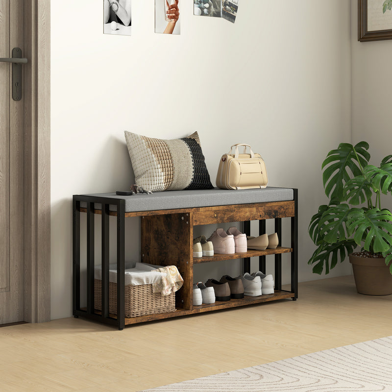 Hallway Shoe Storage Bench with Cushioned Seat and 3 Open Shelves - Rustic Brown - 85x29cm