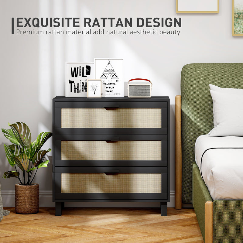 3 Drawer Rattan Chest of Drawers Boho Storage Unit for Bedroom or Hallway, Black