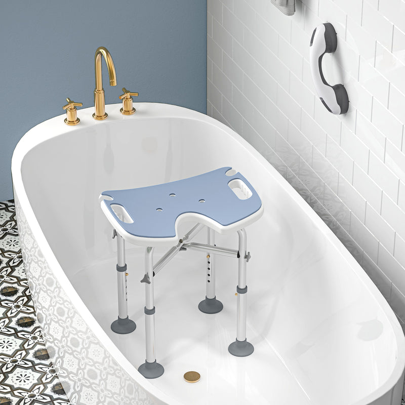 Height Adjustable Padded Shower Stool with U Shaped Seat for Bathroom Safety, Light Blue