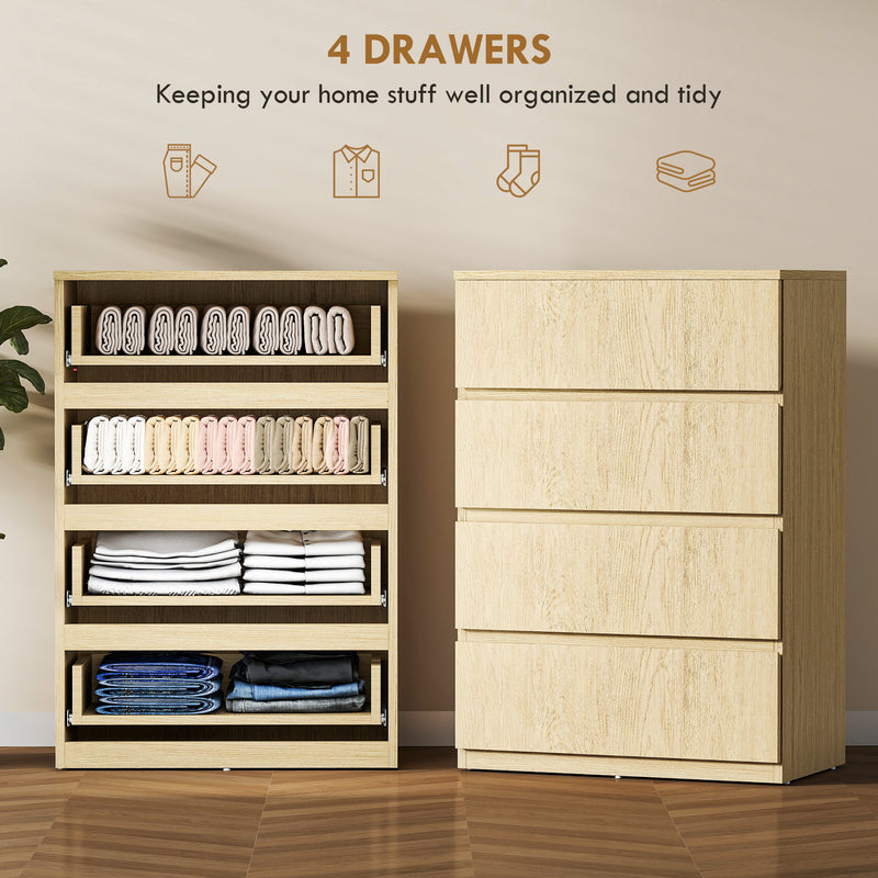 Chest of Drawers with 4 Spacious Handleless Drawers for Bedroom Storage Natural Wood AOSOM